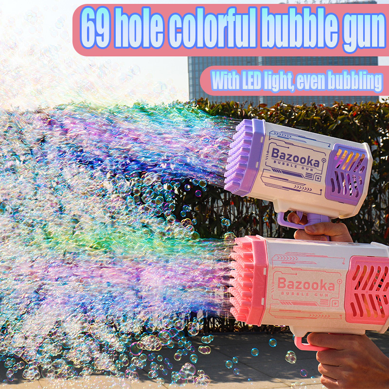 Bubble Gun Rocket 69 Holes Soap Bubbles Machine Gun Shape Automatic Blower With Light Toys For Kids Pomperos - Image 6