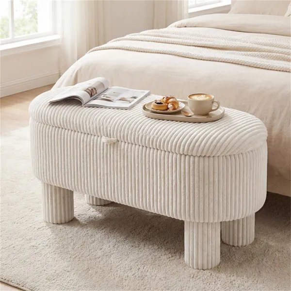 0a65e64c-3f8e-4401-86cf-e8de3347f2dc.jpg Beige 42 Inch Corduroy Storage Bench, Plush Foam Cushion & Hidden Compartment, 400LBS Seat Weight Capacity - Image 3