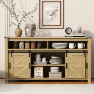 U-STYLE 59.3 Sideboard With Sliding Barn Door And Mesh Panels Farmhouse Buffet With Open Storage Suitable For Living Room Hallway Balcony Kitchen Office