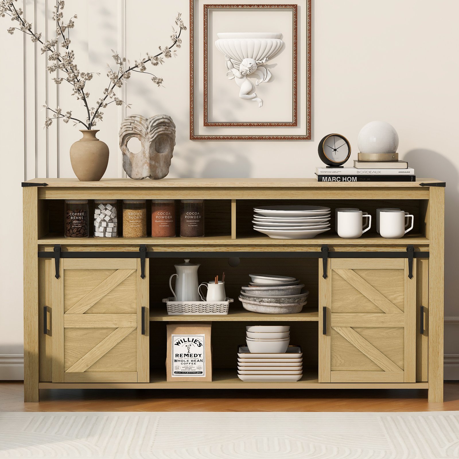1cb47460-31f9-49d9-a1ca-93a38fabe675.jpg U-STYLE 59.3 Sideboard With Sliding Barn Door And Mesh Panels Farmhouse Buffet With Open Storage Suitable For Living Room Hallway Balcony Kitchen Office