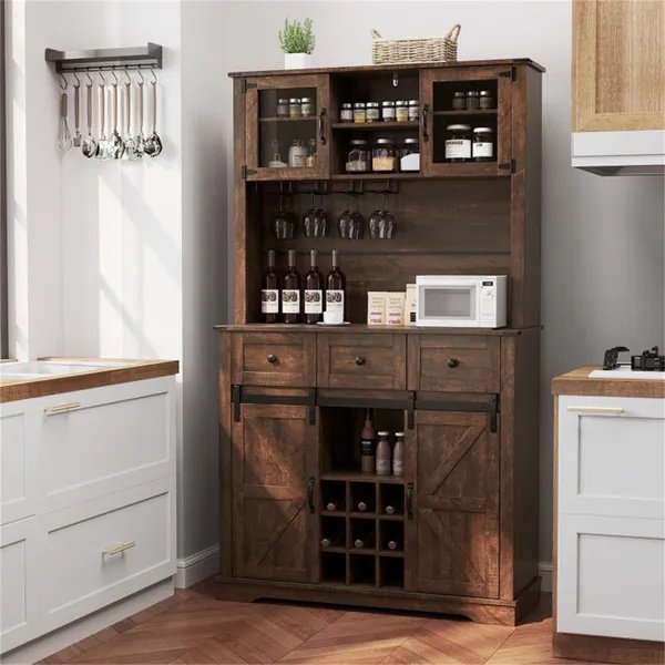 8b458a0c-764f-4d72-9d2e-42c755ddb8c5.jpg Brown Farmhouse 72" Pantry Cabinet With Hutch, Sliding Barn Doors & Wine Storage Rack - Image 3