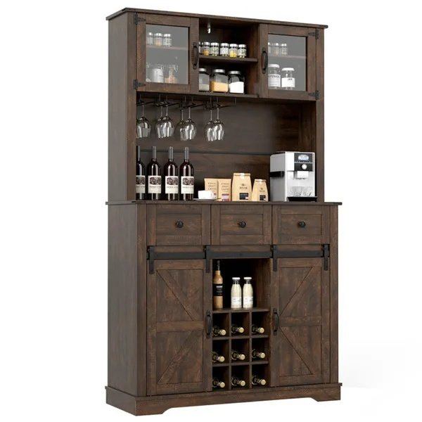 9ca5b0f6-9f42-4ce9-bc11-8614e70a9eef.jpg Brown Farmhouse 72" Pantry Cabinet With Hutch, Sliding Barn Doors & Wine Storage Rack