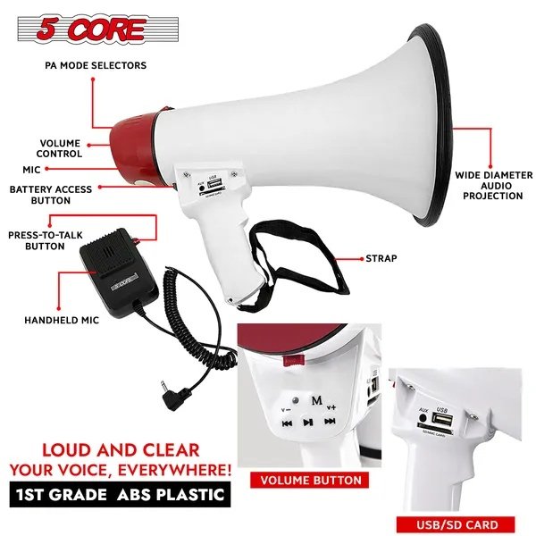 9fd69ce2-f264-448d-9c1c-b72e55a7acdc.jpg 5 Core Megaphone 50W Bull Horn PA Speaker W 300M Range Loud Siren Voice Amplifier Portable - Image 5