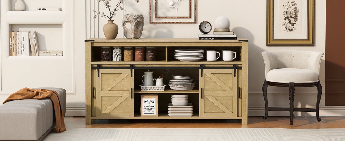 b25e15d7-d7ef-46df-afcb-548dc72f9772.jpg U-STYLE 59.3 Sideboard With Sliding Barn Door And Mesh Panels Farmhouse Buffet With Open Storage Suitable For Living Room Hallway Balcony Kitchen Office - Image 2