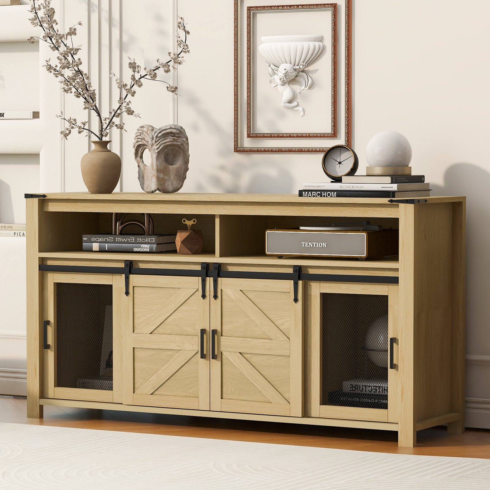 ba498c19-e076-4b1d-922b-e28216ad0ffc.jpg U-STYLE 59.3 Sideboard With Sliding Barn Door And Mesh Panels Farmhouse Buffet With Open Storage Suitable For Living Room Hallway Balcony Kitchen Office - Image 3