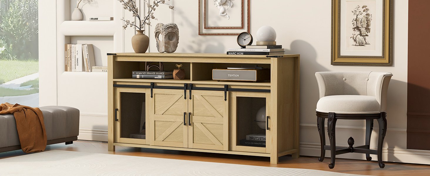 baa5ea2c-cdfb-4b99-aa27-22a5a0e02b95.jpg U-STYLE 59.3 Sideboard With Sliding Barn Door And Mesh Panels Farmhouse Buffet With Open Storage Suitable For Living Room Hallway Balcony Kitchen Office - Image 4