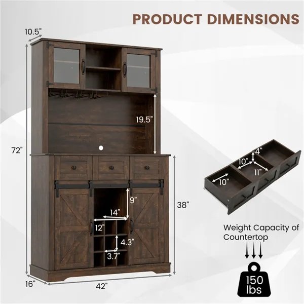 c3b8f439-556b-44a3-aa36-99988a62fdbd.jpg Brown Farmhouse 72" Pantry Cabinet With Hutch, Sliding Barn Doors & Wine Storage Rack - Image 5