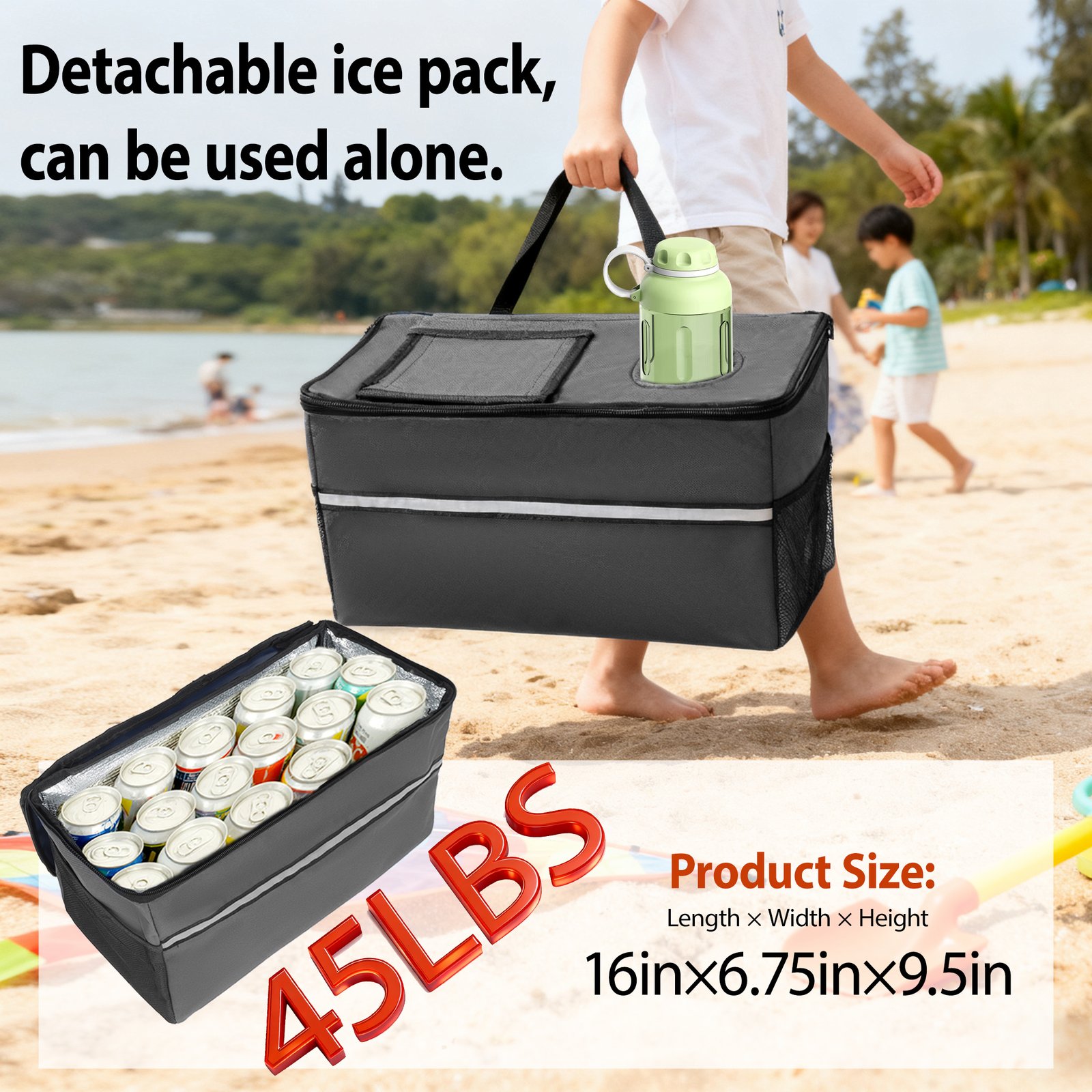 c9291260-9ac4-4c97-addb-63f368569c95.jpg 3- In- 1 Folding Wagon With Bench Seat - Patent Protection Includes 1 Ice Pack 500lbs Capacity 9 X4 Beach Tires For Camping & Beach Gray - Image 4