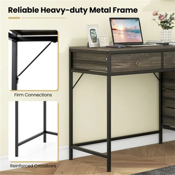 cfbd6251-665f-45cc-8f1f-8ae5739919d2.jpg Home Office Dual Desktop Desk With 5 Storage Drawers, Powder-Coated Metal Frame Engineered Wood - Image 6