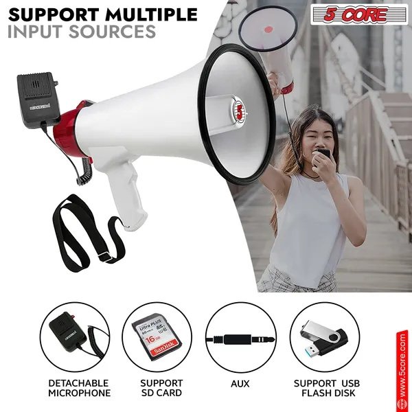 d80b9959-579d-4c7a-9306-9d1ced606d64.jpg 5 Core Megaphone 50W Bull Horn PA Speaker W 300M Range Loud Siren Voice Amplifier Portable - Image 2