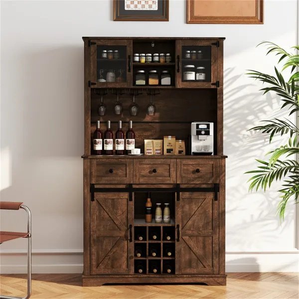 e75f0537-33c7-4ef1-9564-fcc7a2522aab.jpg Brown Farmhouse 72" Pantry Cabinet With Hutch, Sliding Barn Doors & Wine Storage Rack - Image 4