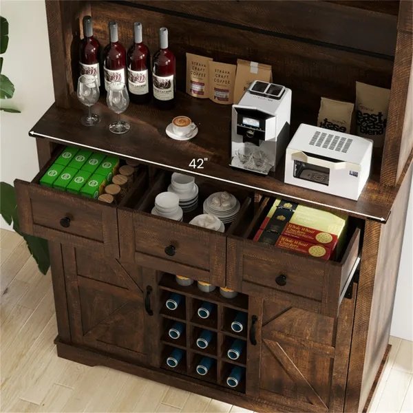 f7b64998-8232-4eaf-847b-a7d55c31a28f.jpg Brown Farmhouse 72" Pantry Cabinet With Hutch, Sliding Barn Doors & Wine Storage Rack - Image 2